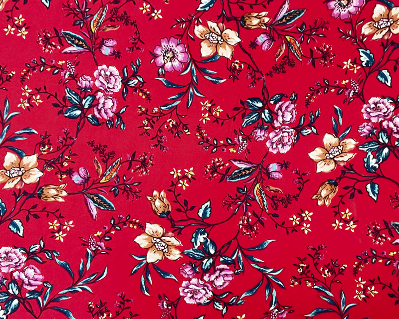 2 YD PC-Red-Multi Poly Stretch Floral Print DB Jersey Knit Fabric