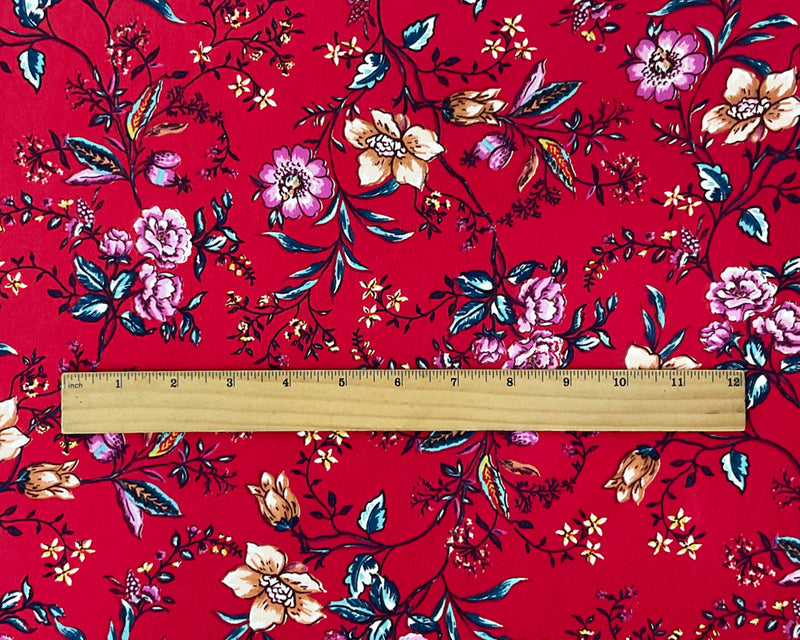2 YD PC-Red-Multi Poly Stretch Floral Print DB Jersey Knit Fabric
