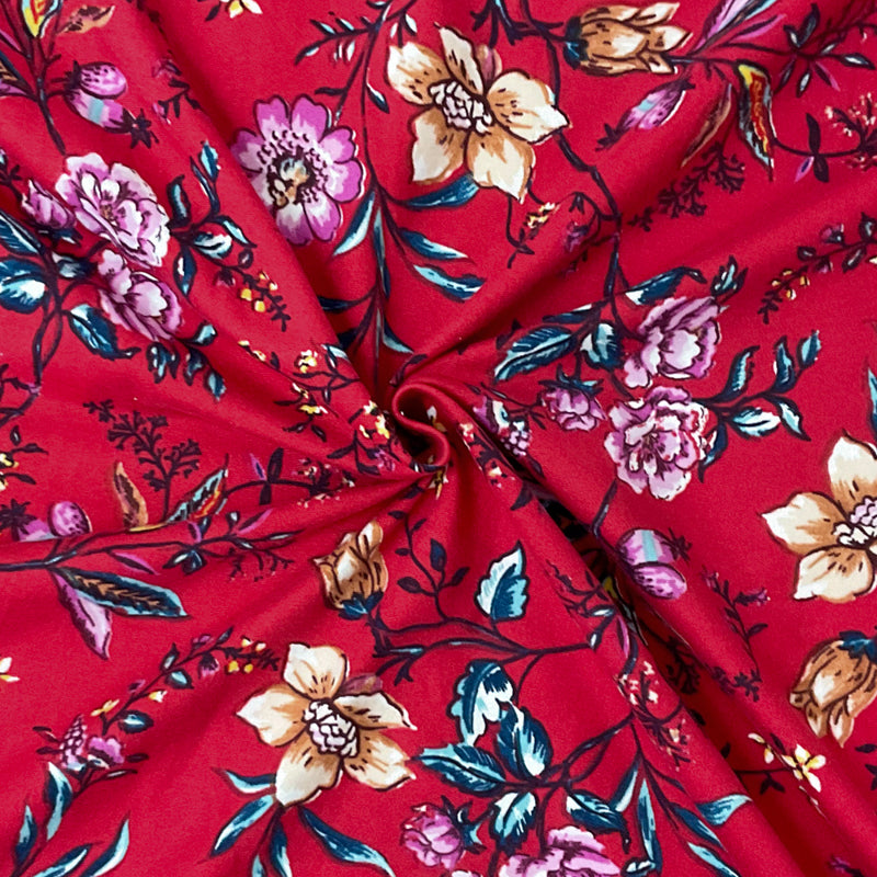 2 YD PC-Red-Multi Poly Stretch Floral Print DB Jersey Knit Fabric