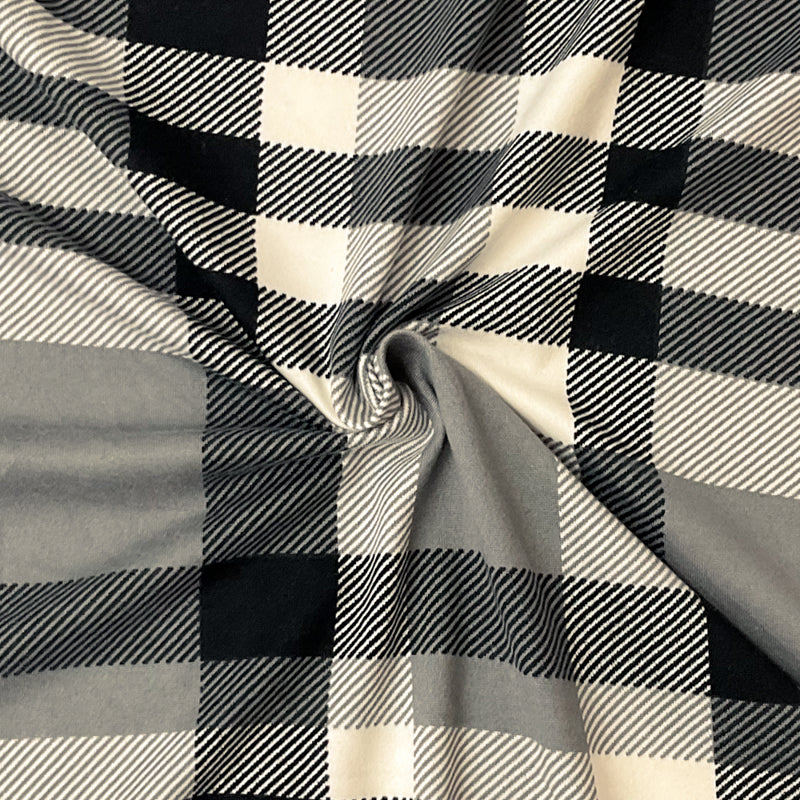 1 1/2 YD PC-Black-Off-White Poly Stretch Plaid Printed DB Jersey Knit Fabric
