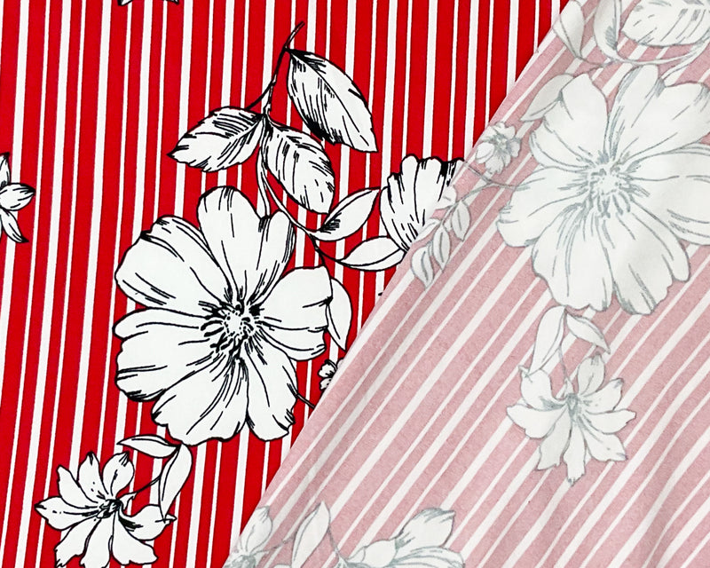 Red-Multi Poly Stretch Spandex Floral Stripe Print DB Jersey Knit Fabric