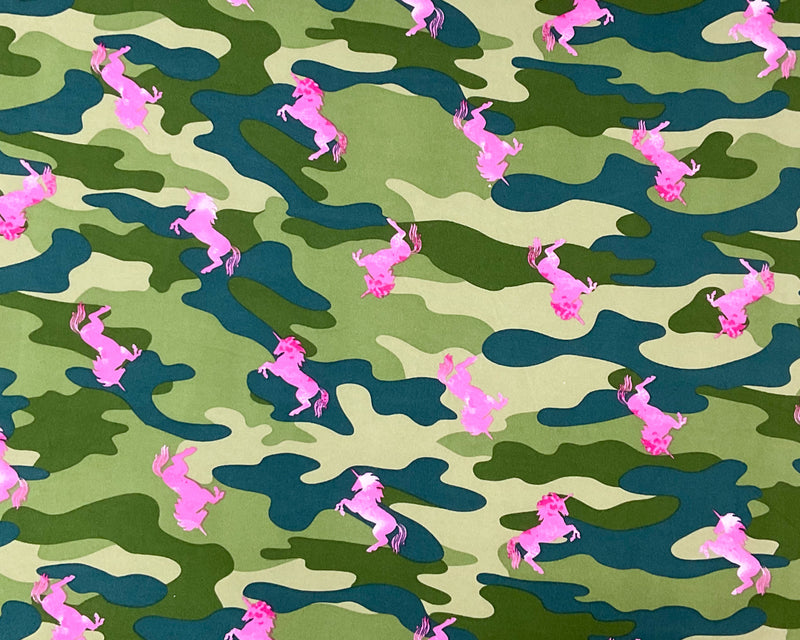 Green-Pink Poly Stretch Spandex Camo Unicorn Print DB Jersey Knit Fabric