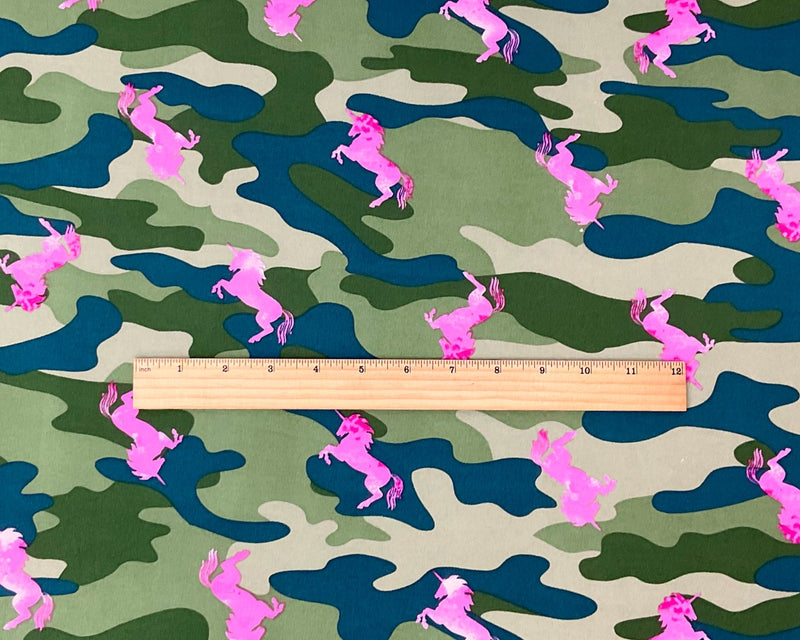 Green-Pink Poly Stretch Spandex Camo Unicorn Print DB Jersey Knit Fabric