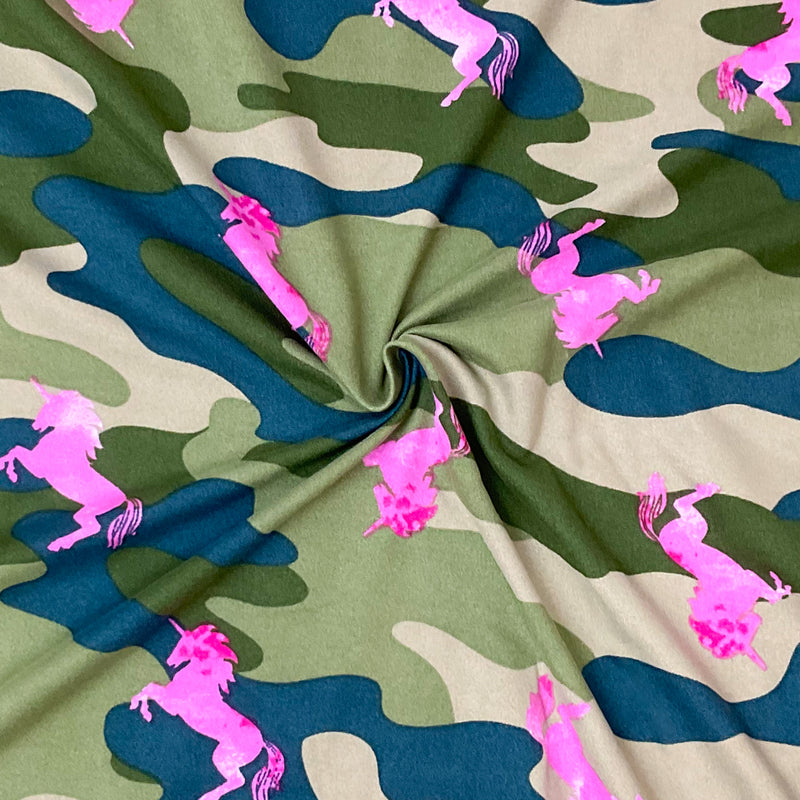 Green-Pink Poly Stretch Spandex Camo Unicorn Print DB Jersey Knit Fabric