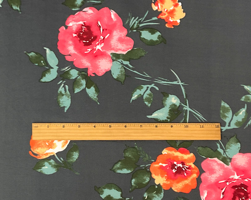 Deep Gray-Multi Poly Stretch Spandex Floral Printed Jersey Knit Fabric