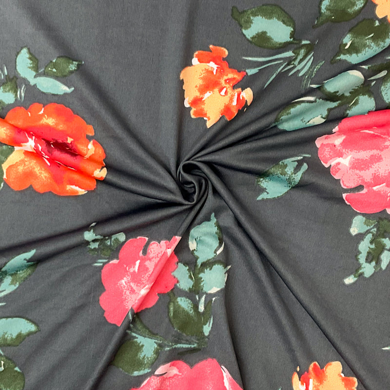 Deep Gray-Multi Poly Stretch Spandex Floral Printed Jersey Knit Fabric