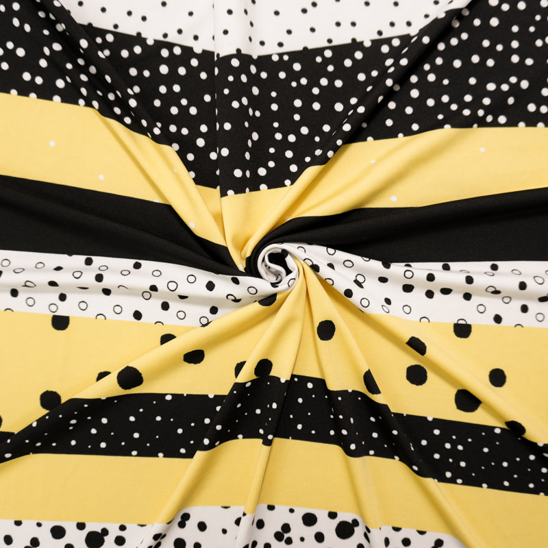 Black-Yellow-White Poly Stretch Stripe and Dot Jersey Knit Fabric