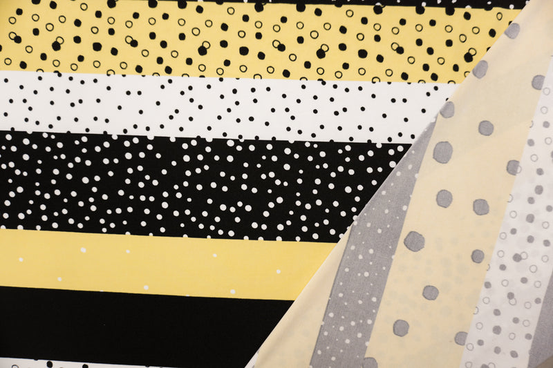 Black-Yellow-White Poly Stretch Stripe and Dot Jersey Knit Fabric