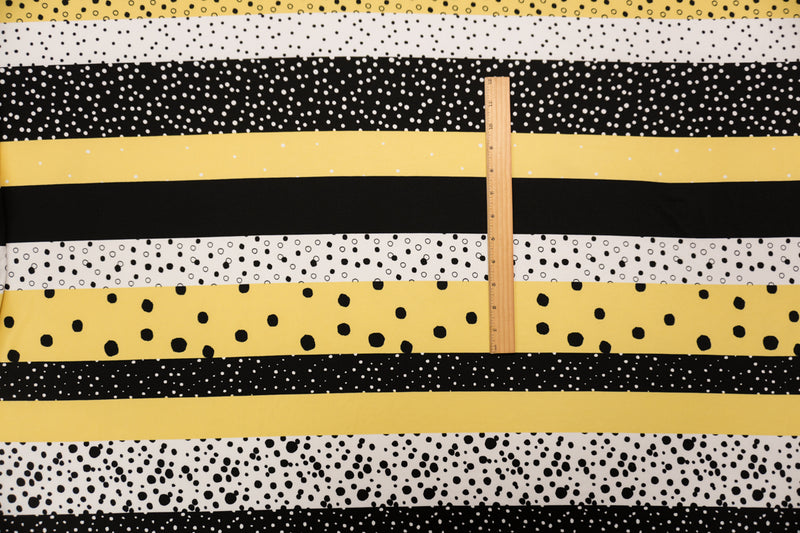 Black-Yellow-White Poly Stretch Stripe and Dot Jersey Knit Fabric