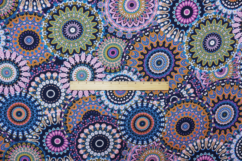 1 1/52 YD PC-Blue-Purple-Multi Poly Moroccan Printed ITY Jersey Knit Fabric