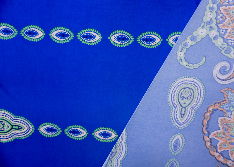Blue-Orange-Multi Poly Stretch Paisley Border Jersey Knit Fabric