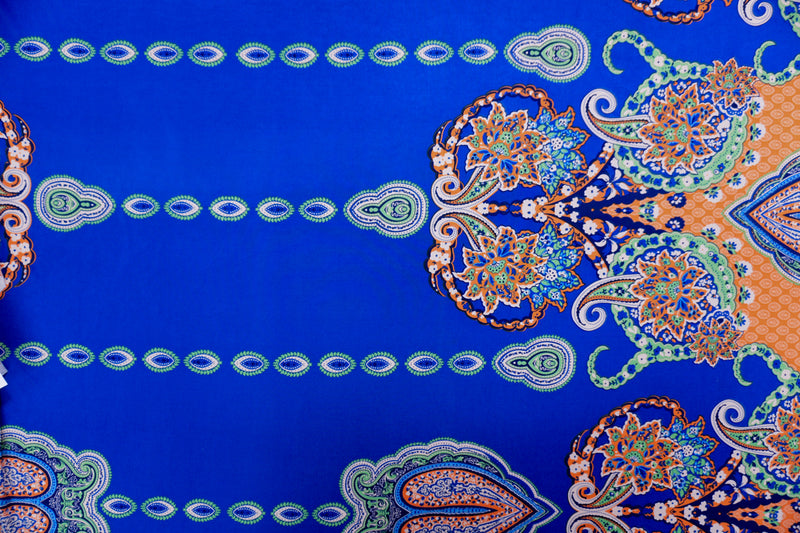 Blue-Orange-Multi Poly Stretch Paisley Border Jersey Knit Fabric