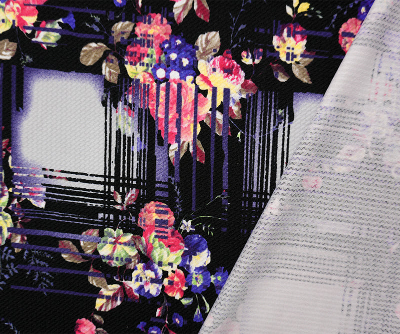 Black-Multi Abstract Floral Print Liverpool Double Knit Fabric
