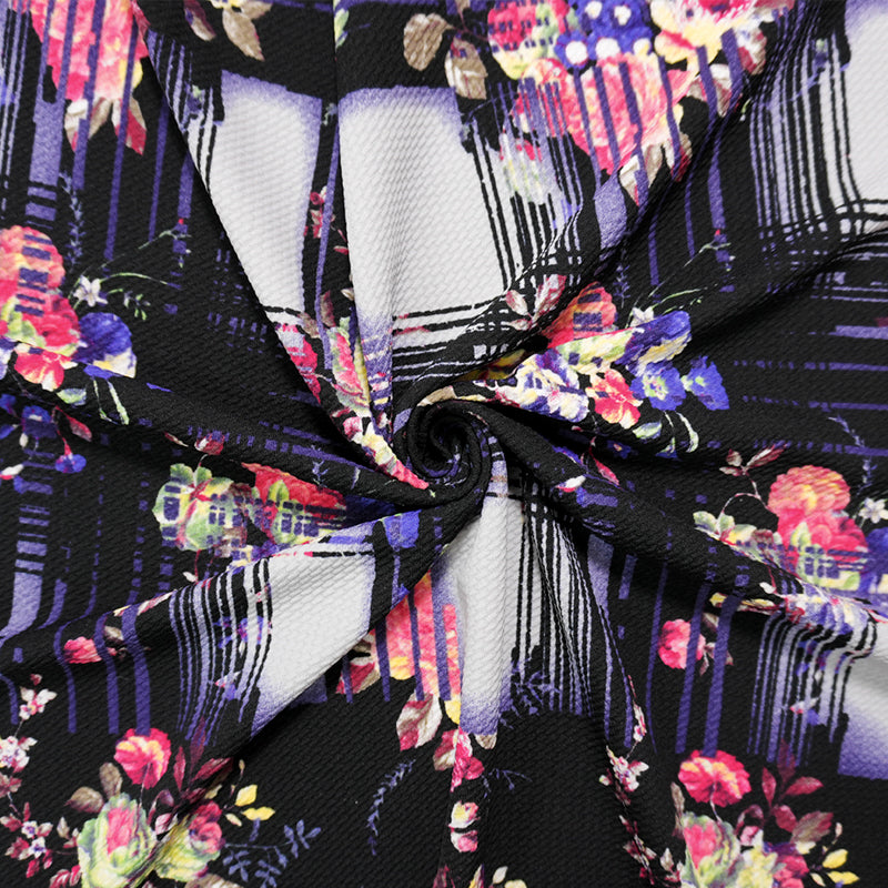 Black-Multi Abstract Floral Print Liverpool Double Knit Fabric