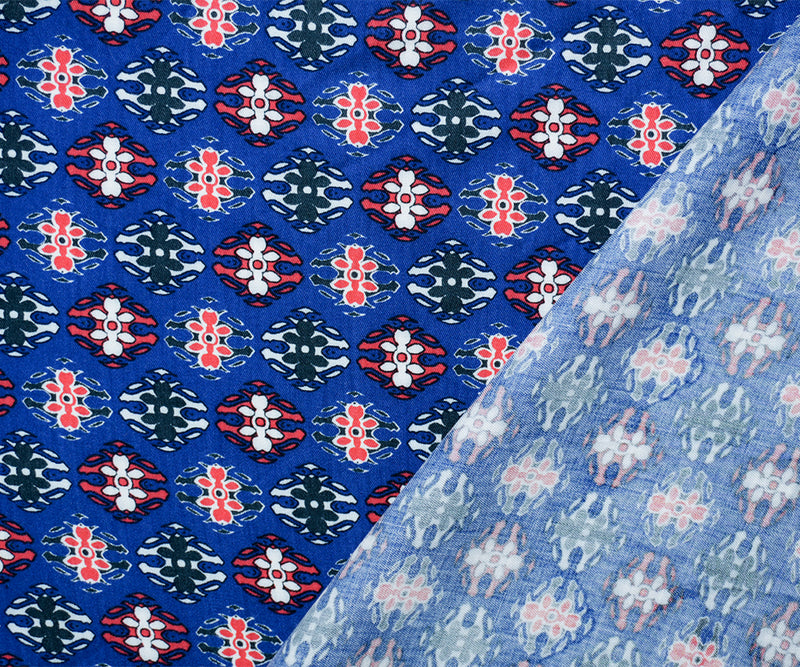 Blue-Red-Multi Rayon Abstract Tile Printed Twill Woven Fabric