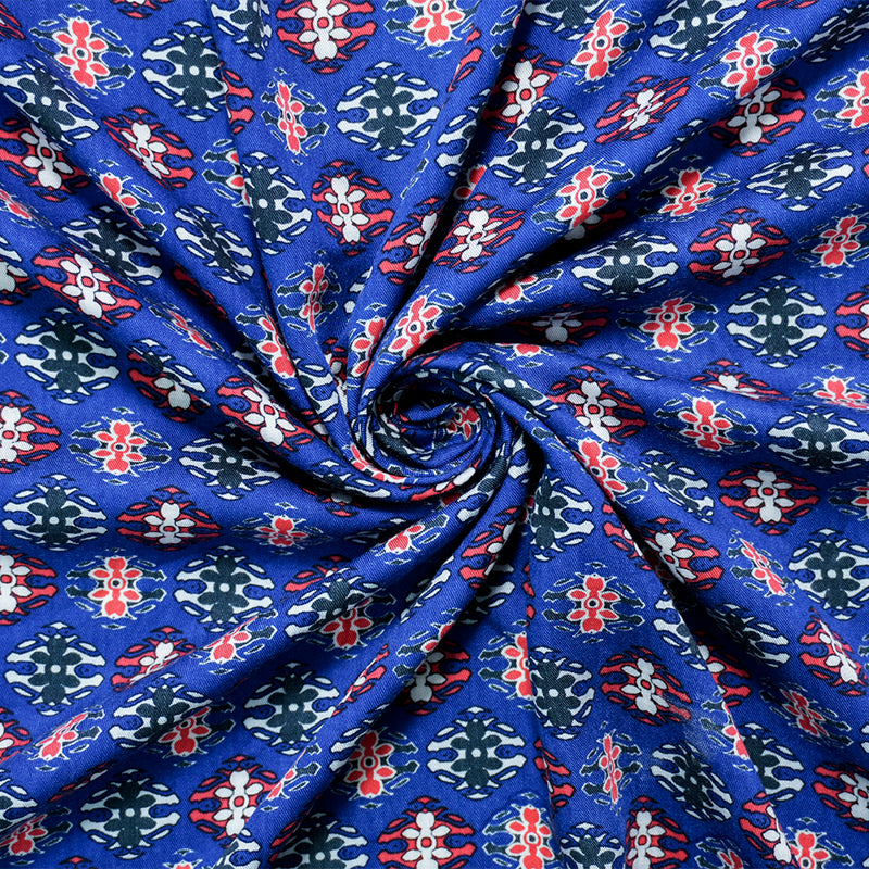 Blue-Red-Multi Rayon Abstract Tile Printed Twill Woven Fabric