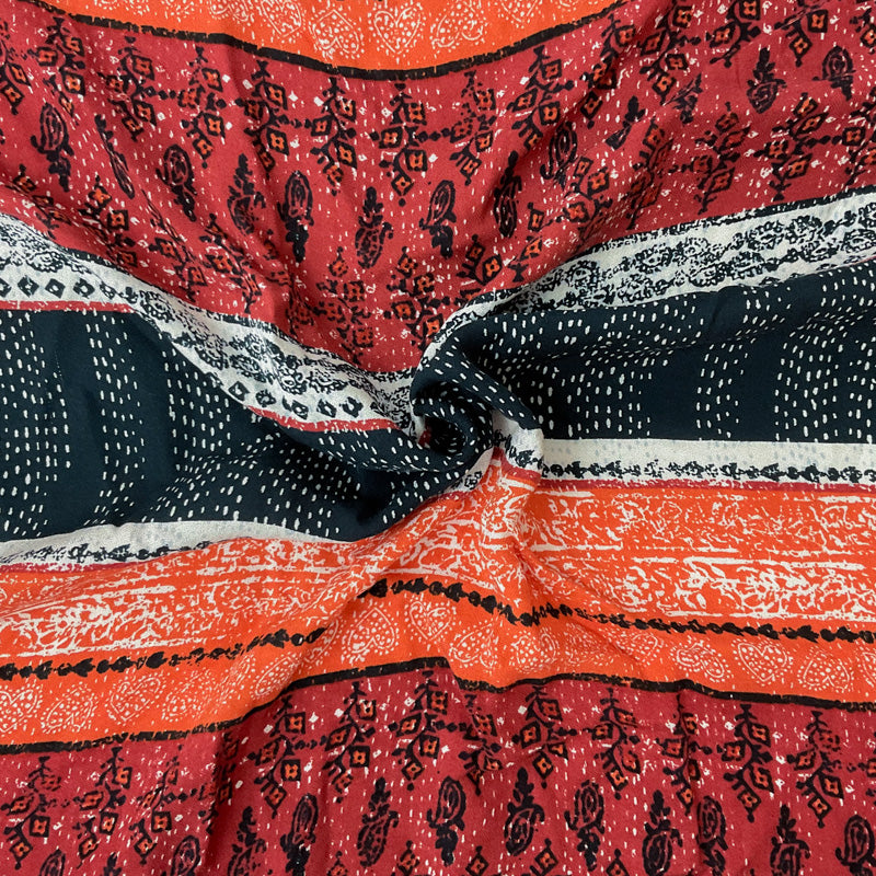 Blue-Multi Rayon Boho Stripe Printed Momie Crepe Woven Fabric
