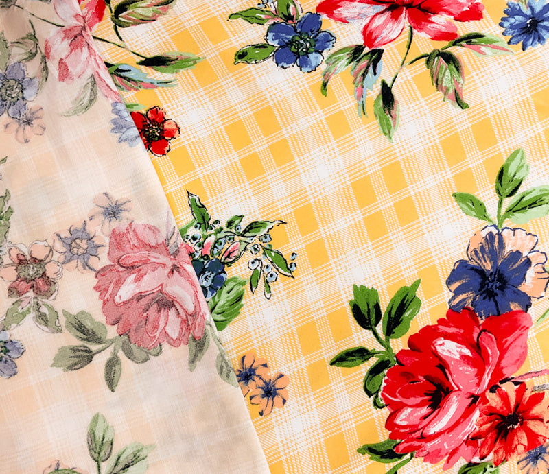 Yellow-Red-Multi Rayon Floral Plaid Printed Challis Woven Fabric