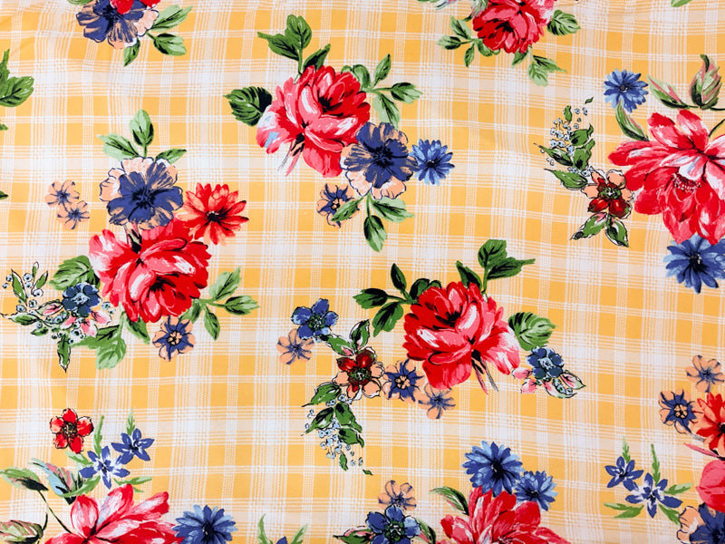 Yellow-Red-Multi Rayon Floral Plaid Printed Challis Woven Fabric