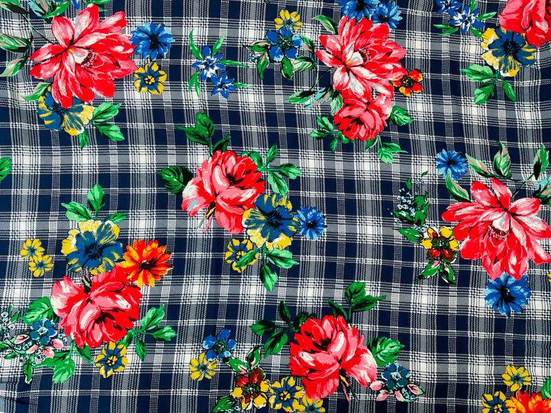 Blue-Green-Multi Rayon Floral Plaid Printed Challis Woven Fabric