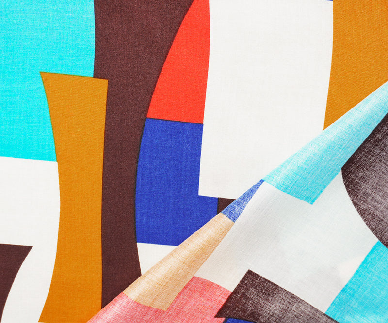 Blue-Yellow-Multi Rayon Geometric Printed Voile Woven Fabric