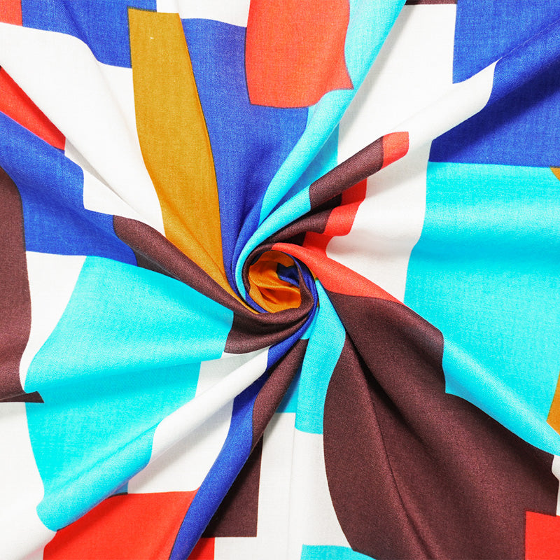 Blue-Yellow-Multi Rayon Geometric Printed Voile Woven Fabric