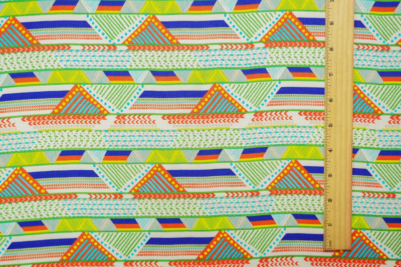 Green-Ivory-Multi Rayon Geometric Printed Voile Woven Fabric