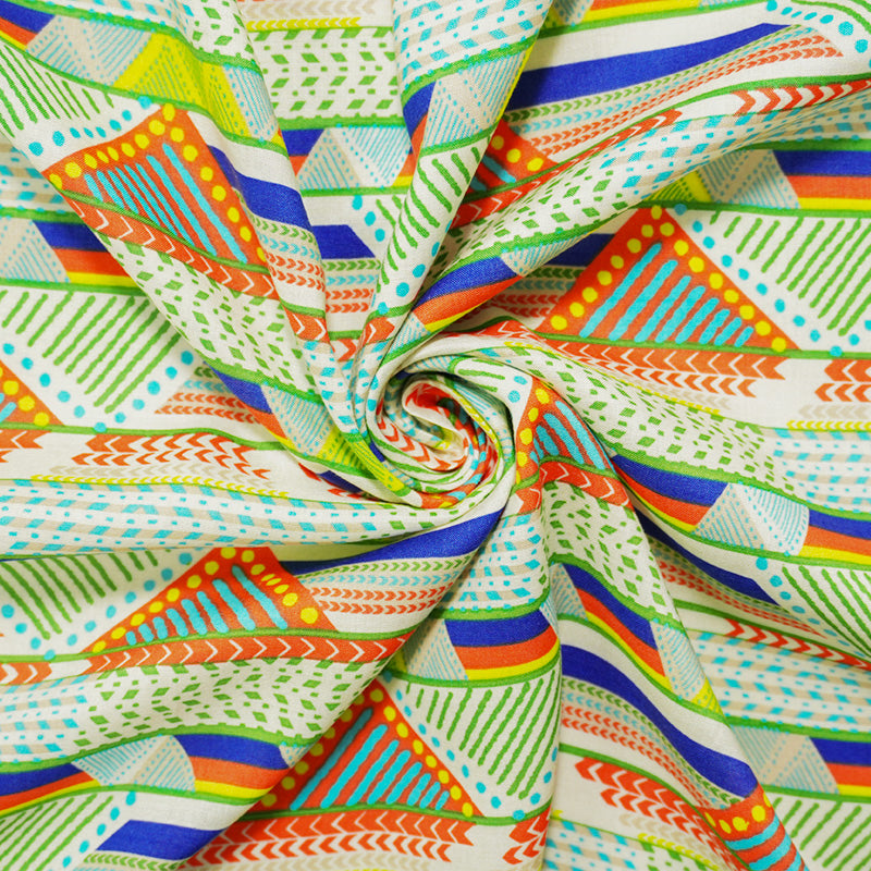 Green-Ivory-Multi Rayon Geometric Printed Voile Woven Fabric