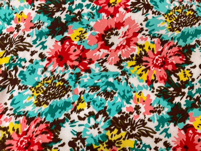 2 YD PC-Teal-Brown-Multi Rayon Abreact Floral Printed Voile Woven Fabric