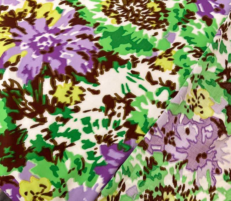 Purple-Green-Multi Rayon Abstract Floral Printed Voile Woven Fabric