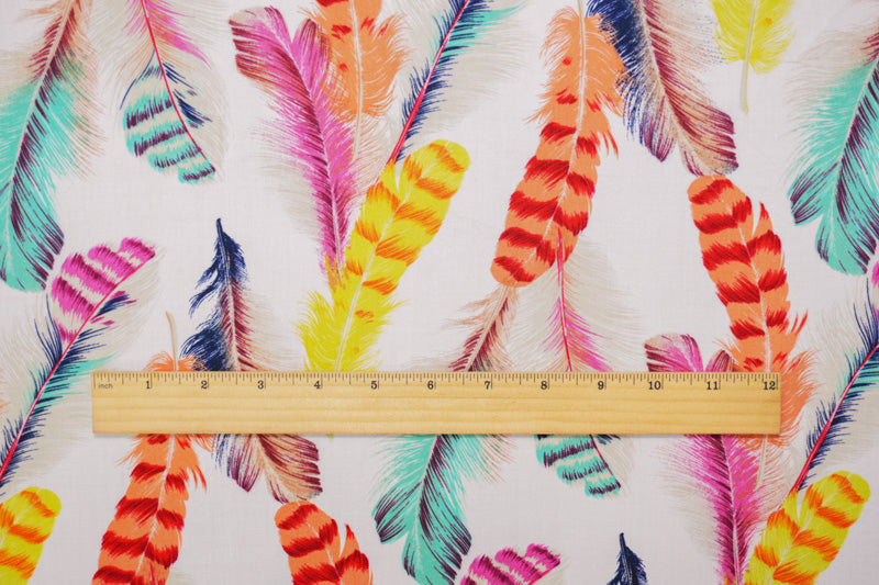 Off-White-Multi Rayon Feather Printed Voile Woven Fabric