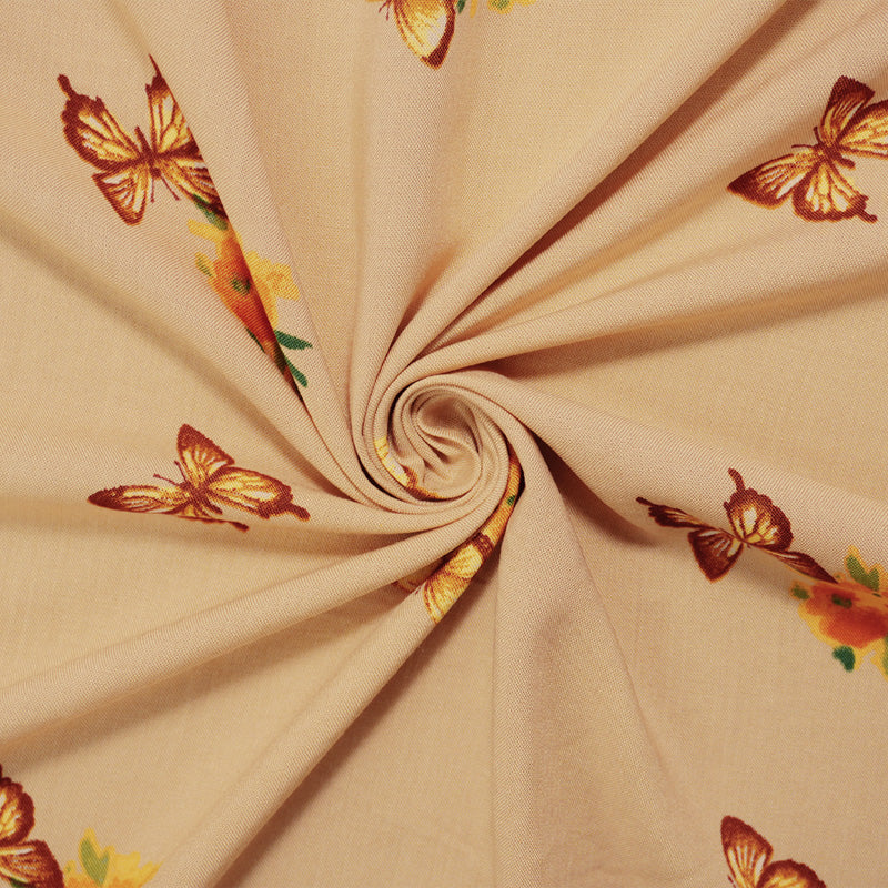 Beige-Orange-Multi Rayon Floral Butterfly Printed Challis Woven Fabric