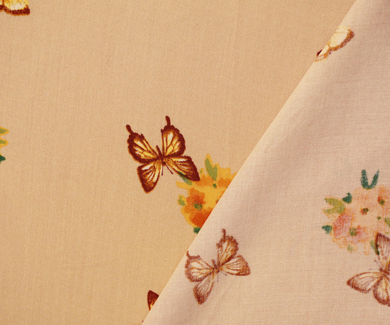 Beige-Orange-Multi Rayon Floral Butterfly Printed Challis Woven Fabric