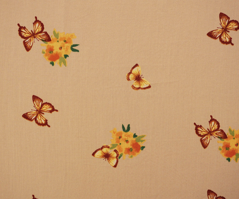 Beige-Orange-Multi Rayon Floral Butterfly Printed Challis Woven Fabric