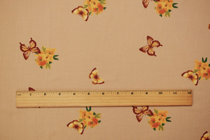 Beige-Orange-Multi Rayon Floral Butterfly Printed Challis Woven Fabric