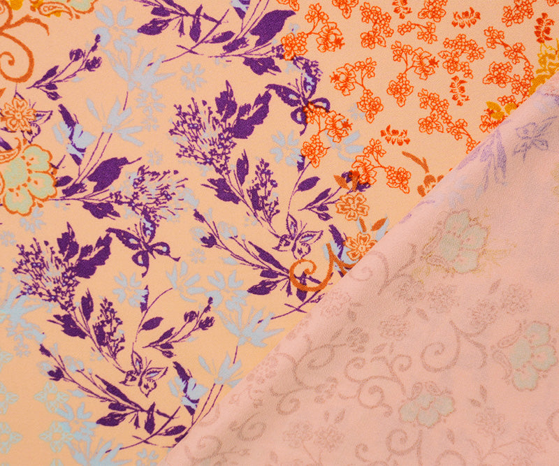 Orange-Purple-Multi Rayon Floral Printed Momie Crepe Woven Fabric