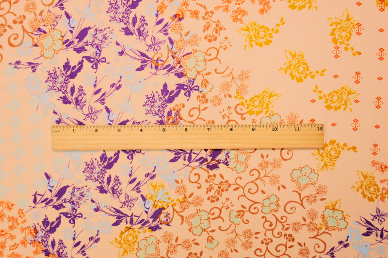 Orange-Purple-Multi Rayon Floral Printed Momie Crepe Woven Fabric