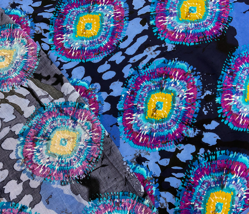 Blue-Purple-Multi Rayon Abstract Tie Dye Printed Challis Woven Fabric