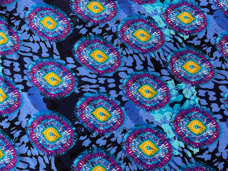 Blue-Purple-Multi Rayon Abstract Tie Dye Printed Challis Woven Fabric