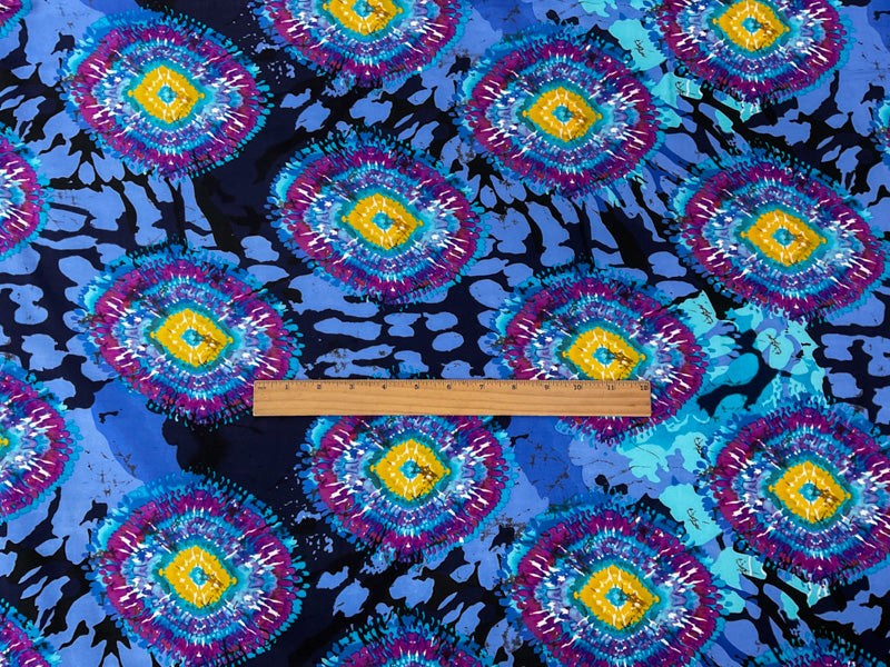 Blue-Purple-Multi Rayon Abstract Tie Dye Printed Challis Woven Fabric