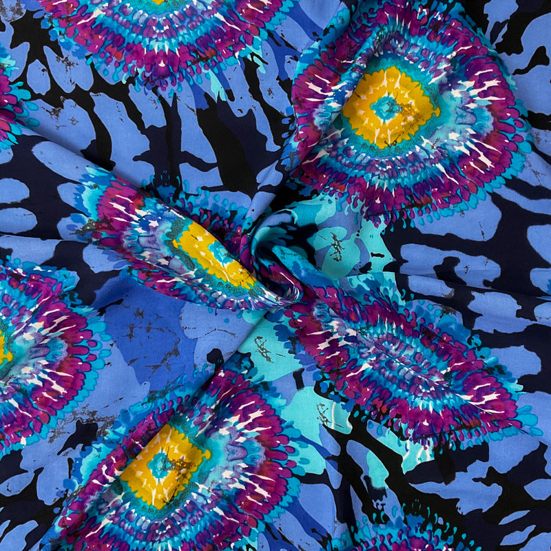 Blue-Purple-Multi Rayon Abstract Tie Dye Printed Challis Woven Fabric