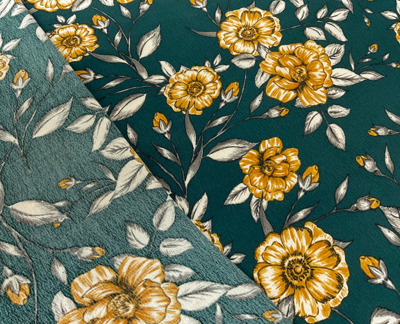 2 5/8 YD PC-Green-Yellow-Multi Rayon Floral Printed Crepe Woven Fabric