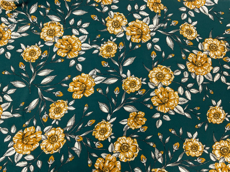 2 5/8 YD PC-Green-Yellow-Multi Rayon Floral Printed Crepe Woven Fabric