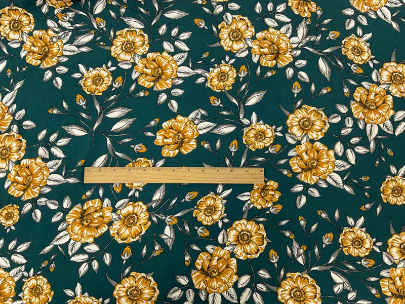 2 5/8 YD PC-Green-Yellow-Multi Rayon Floral Printed Crepe Woven Fabric