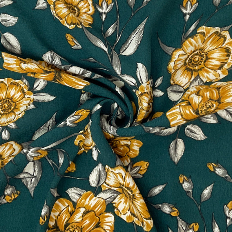 2 5/8 YD PC-Green-Yellow-Multi Rayon Floral Printed Crepe Woven Fabric