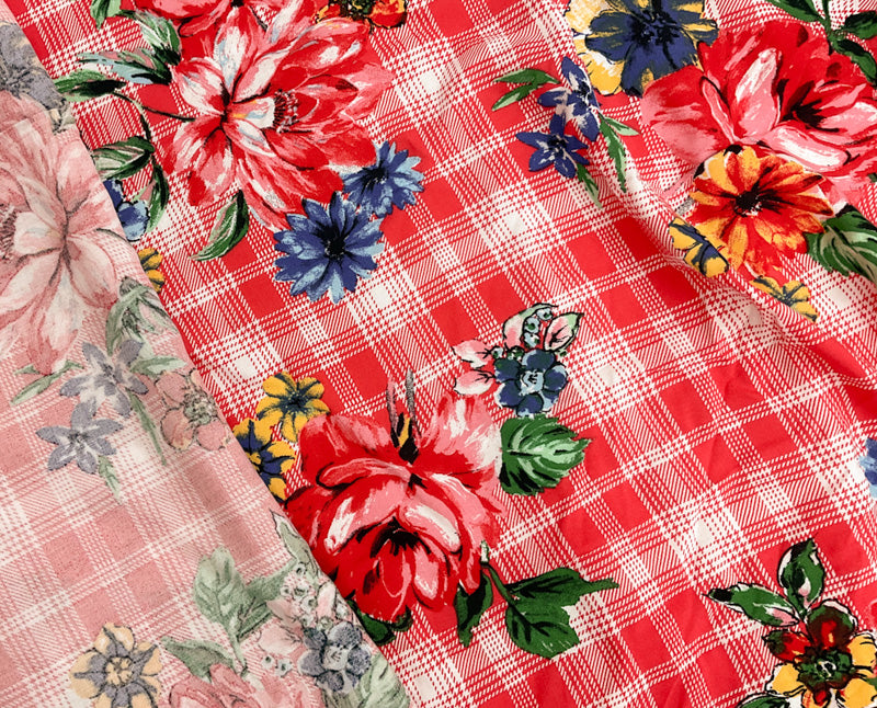 Red-Blue-Multi Rayon Floral Plaid Printed Challis Woven Fabric