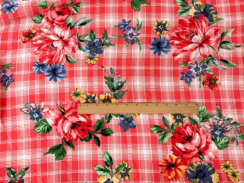 Red-Blue-Multi Rayon Floral Plaid Printed Challis Woven Fabric