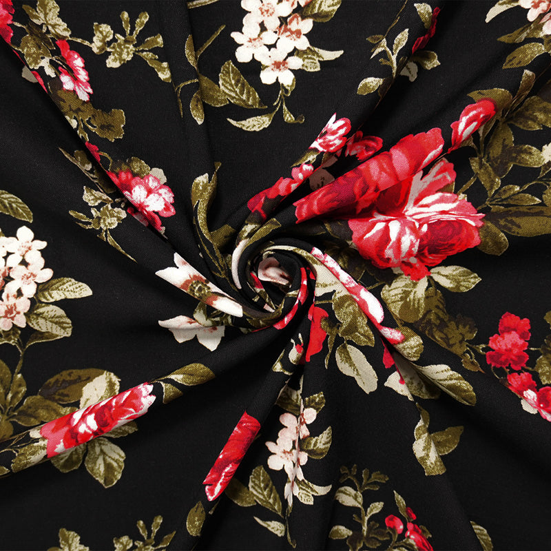 1 3/4 YD PC-Black-Red-Multi Rayon Floral Printed Challis Woven Fabric