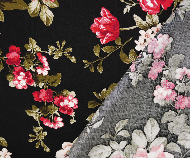 1 3/4 YD PC-Black-Red-Multi Rayon Floral Printed Challis Woven Fabric