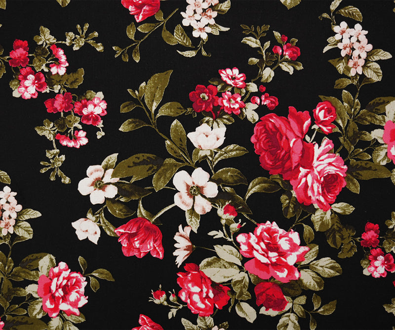 1 3/4 YD PC-Black-Red-Multi Rayon Floral Printed Challis Woven Fabric